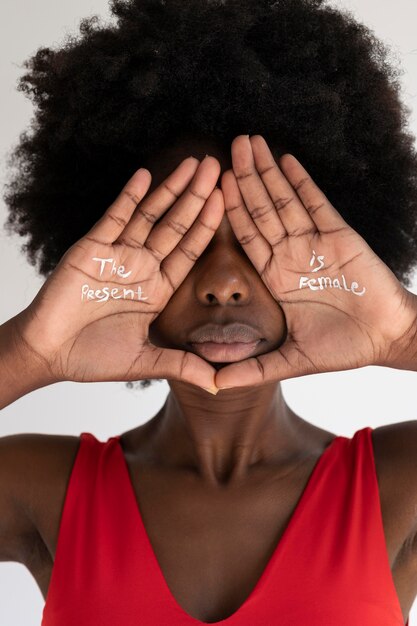 Close up on woman expressing revolution message