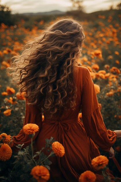 Close up on woman in flower field