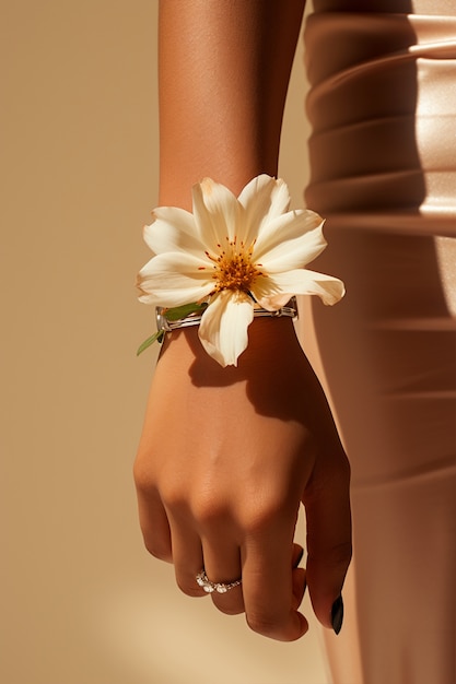 Close up on woman flower at her wrist