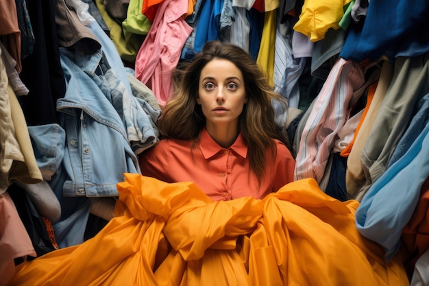 Close up on woman in front of clothing pile