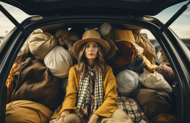 Close up on woman in front of clothing pile