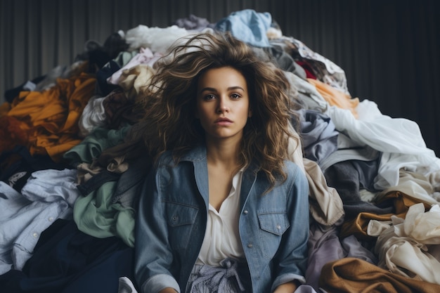 Foto gratuita primo piano su una donna davanti a una pila di vestiti