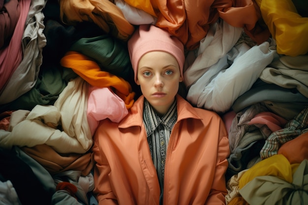 Free photo close up on woman in front of clothing piles