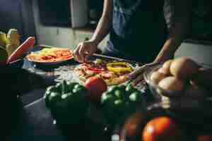 Free photo close up of woman hand put topping on homemade pizza.