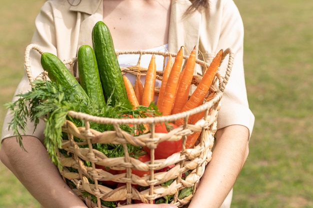 Close-up woman holding basket with groceries