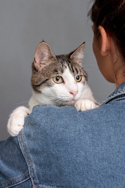 무료 사진 클로즈업 여자 들고 고양이