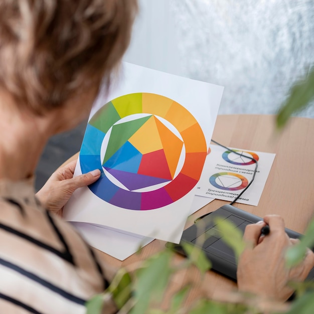 Foto gratuita chiuda sulla tavolozza dei colori della holding della donna