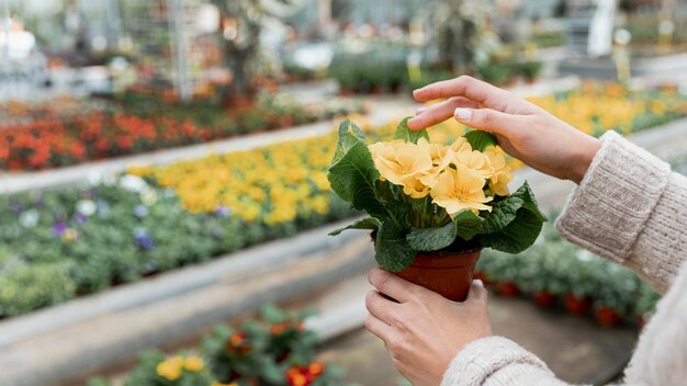 鍋に花を持ってクローズアップ女性