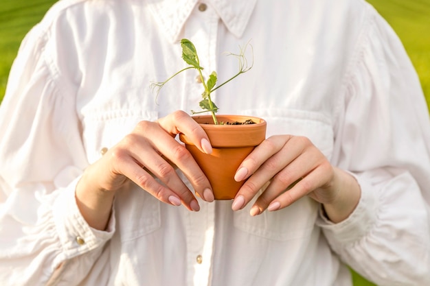 植木鉢を保持しているクローズアップの女性