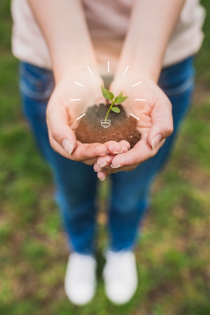 Foto gratuita chiuda sulla terra della tenuta della donna con la pianta