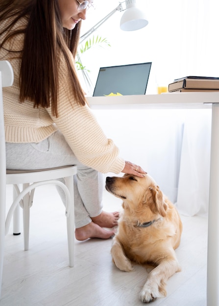 Free photo close up woman petting dog