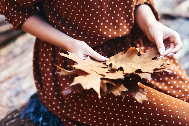 森の中で紅葉を拾う女性のクローズアップ