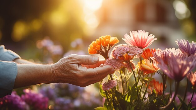 Close up on woman preparing flower bouquet