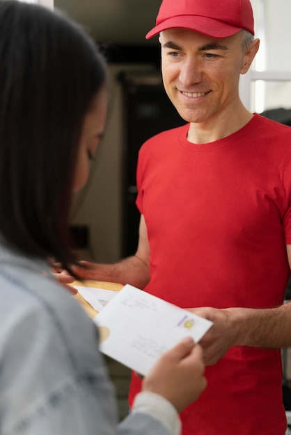 Close up woman received mail by delivery service