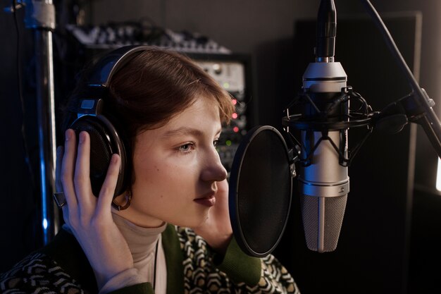 Close up woman recording song