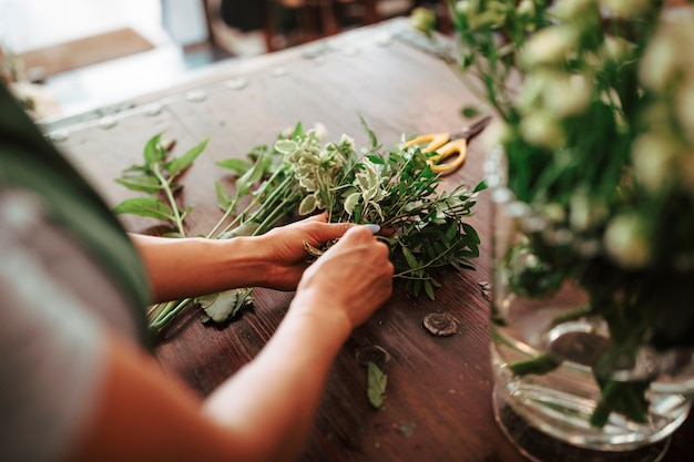 Close-up of a woman's hand sorting plants