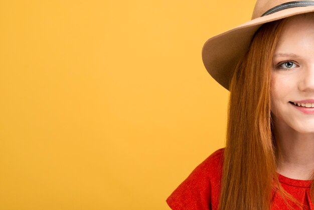 Close-up woman smiling with copy-space