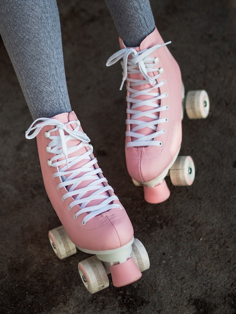 Close-up of woman in socks with roller skates