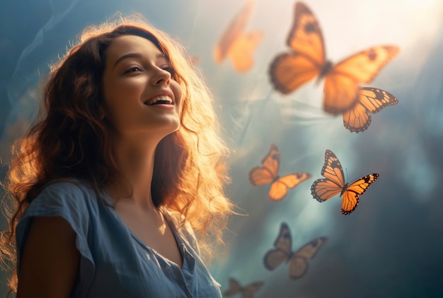 Free photo close up on woman surrounded by butterflies