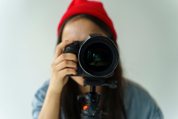close-up woman taking photo