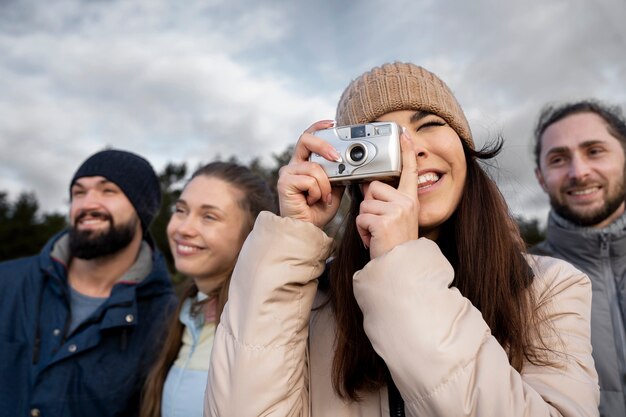 close up woman taking photos