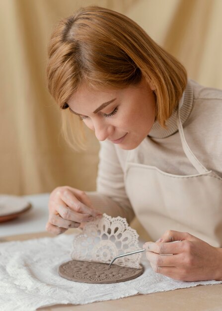 Close-up woman using  pattern