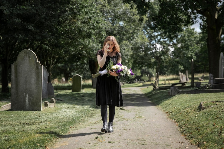 Free Photo close up on woman visiting the grave of loved one