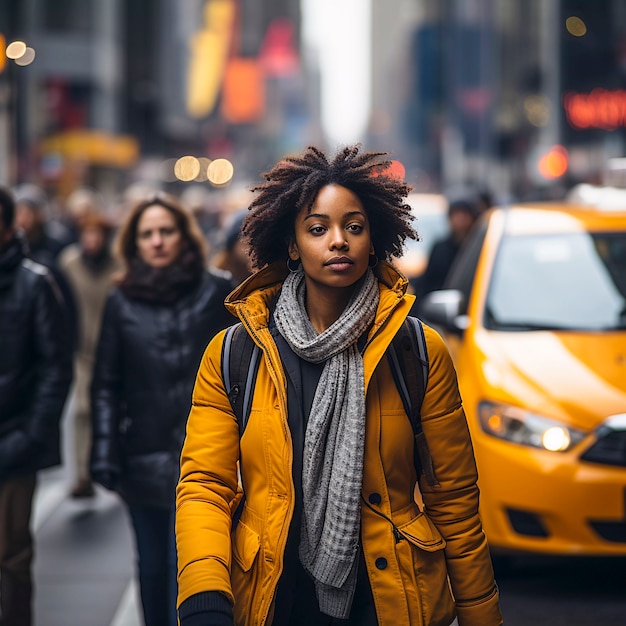 ニューヨーク市を歩く女性をクローズアップ