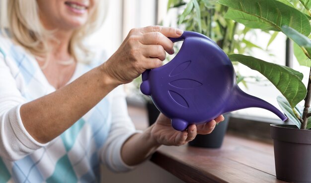 Close-up woman watering a plant indoors