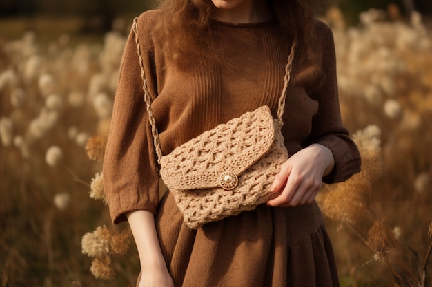 Close up on woman wearing knitted bag