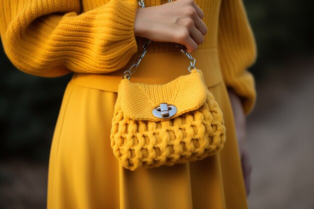 Free photo close up woman wearing knitted bag