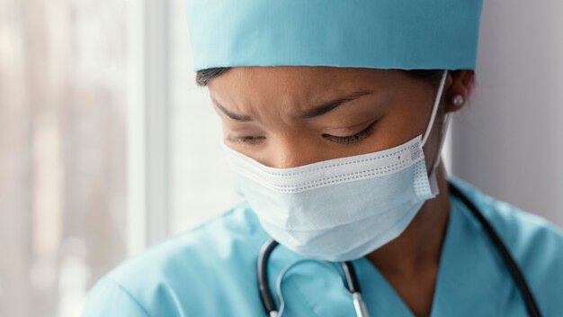 Close up woman wearing mask