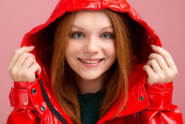 Close-up woman wearing red jacket