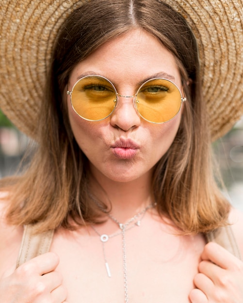 Close-up woman with beautiful glasses