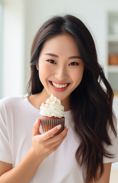 Foto gratuita primo piano sulla donna con una deliziosa cupcake