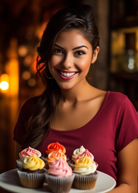 Close up on woman with delicious cupcakes