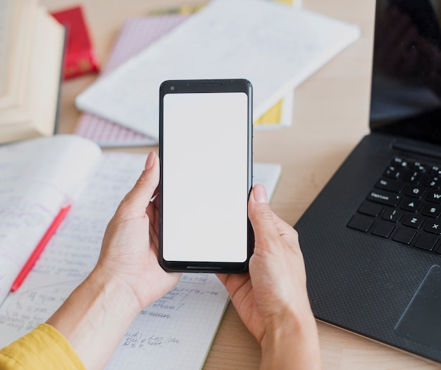 Close-up woman with smartphone mock-up