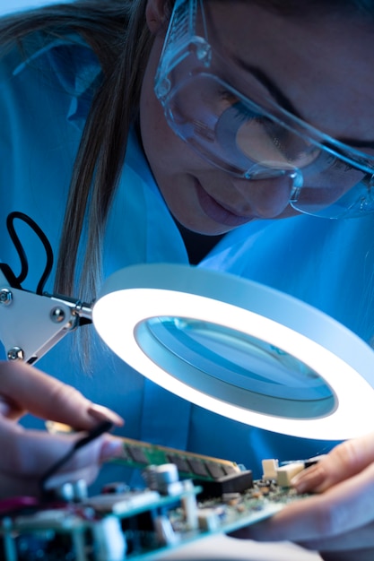 Close up woman working in research