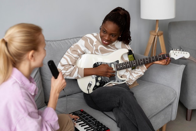 Close up women singing together