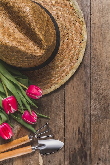 Close-up of wooden background with gardening tools