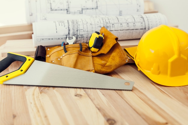 Close up of work tools for carpenter