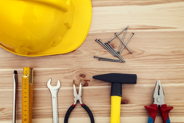 Close up of work tools on wood