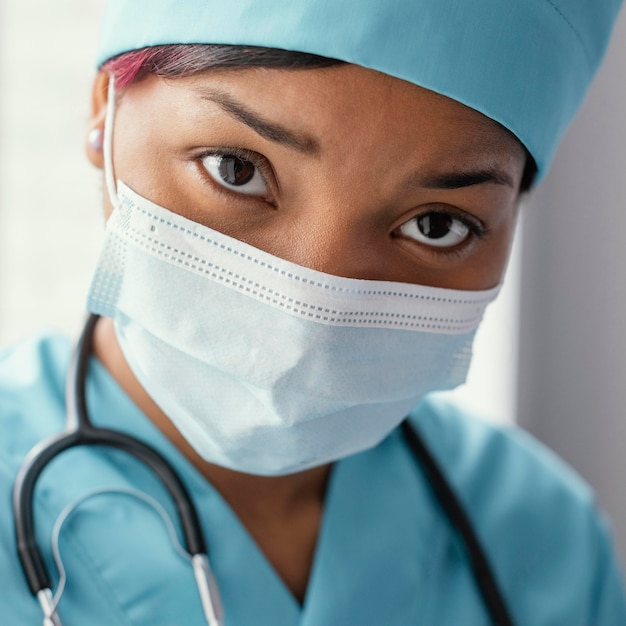 Close up worried woman with mask