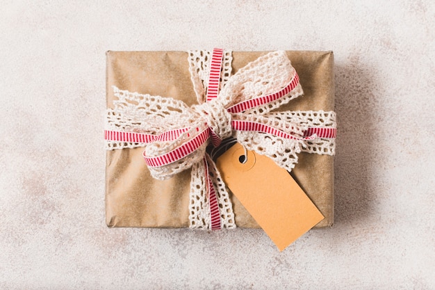 Close-up of wrapped present with ribbon