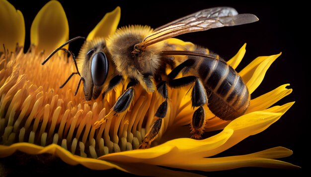 Close up of a yellow honey bee pollinating generative AI