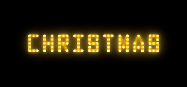 黄色のネオンが輝く明るいledライトクリスマスサインを黒の背景にクローズアップ