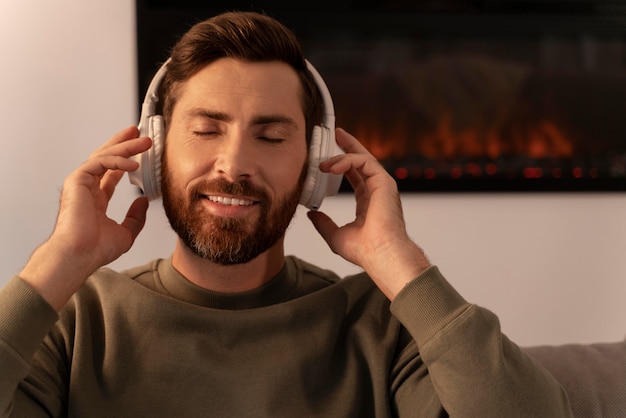 Close up on young adult enjoying music