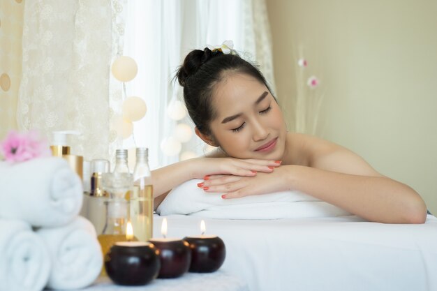 Close up of Young beautiful woman relaxing during spa treatment.