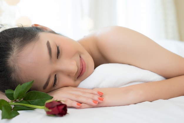 Close up of Young beautiful woman relaxing during spa treatment.