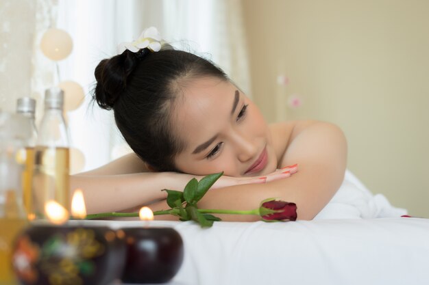Close up of Young beautiful woman relaxing during spa treatment.